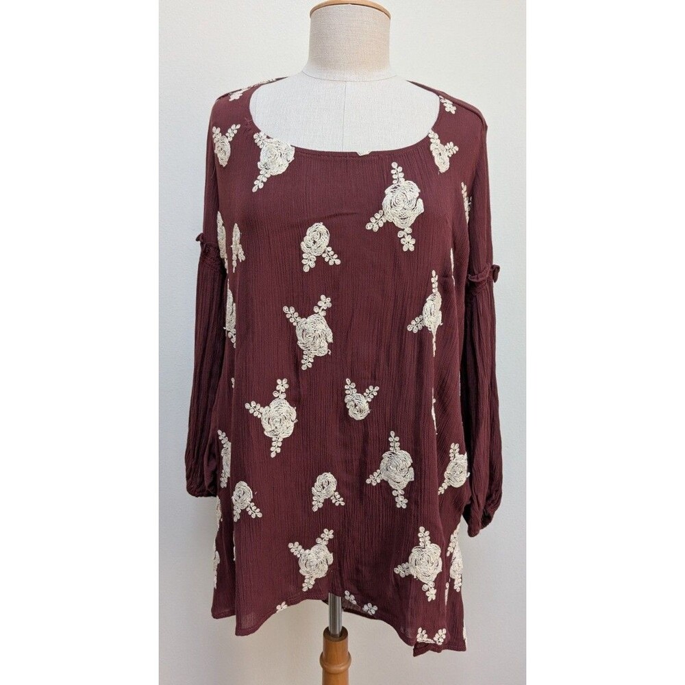Women’s Embroidered Peasant Top Boho Blouse Long Sleeve Floral Red Burgundy Sz M